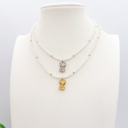 TEDDY PEARLS - Girocollo perle con orsetto in Acciaio inossidabile