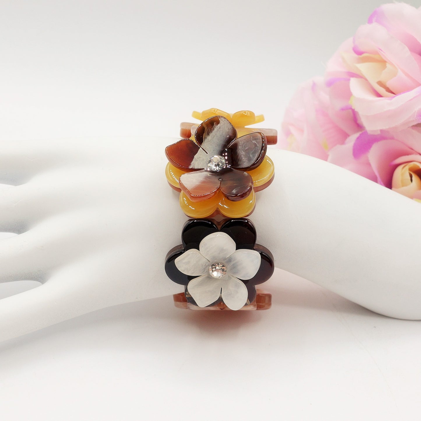 NIKKI ~ Maxi Bracciale in resina con flowers e cubic zirconia