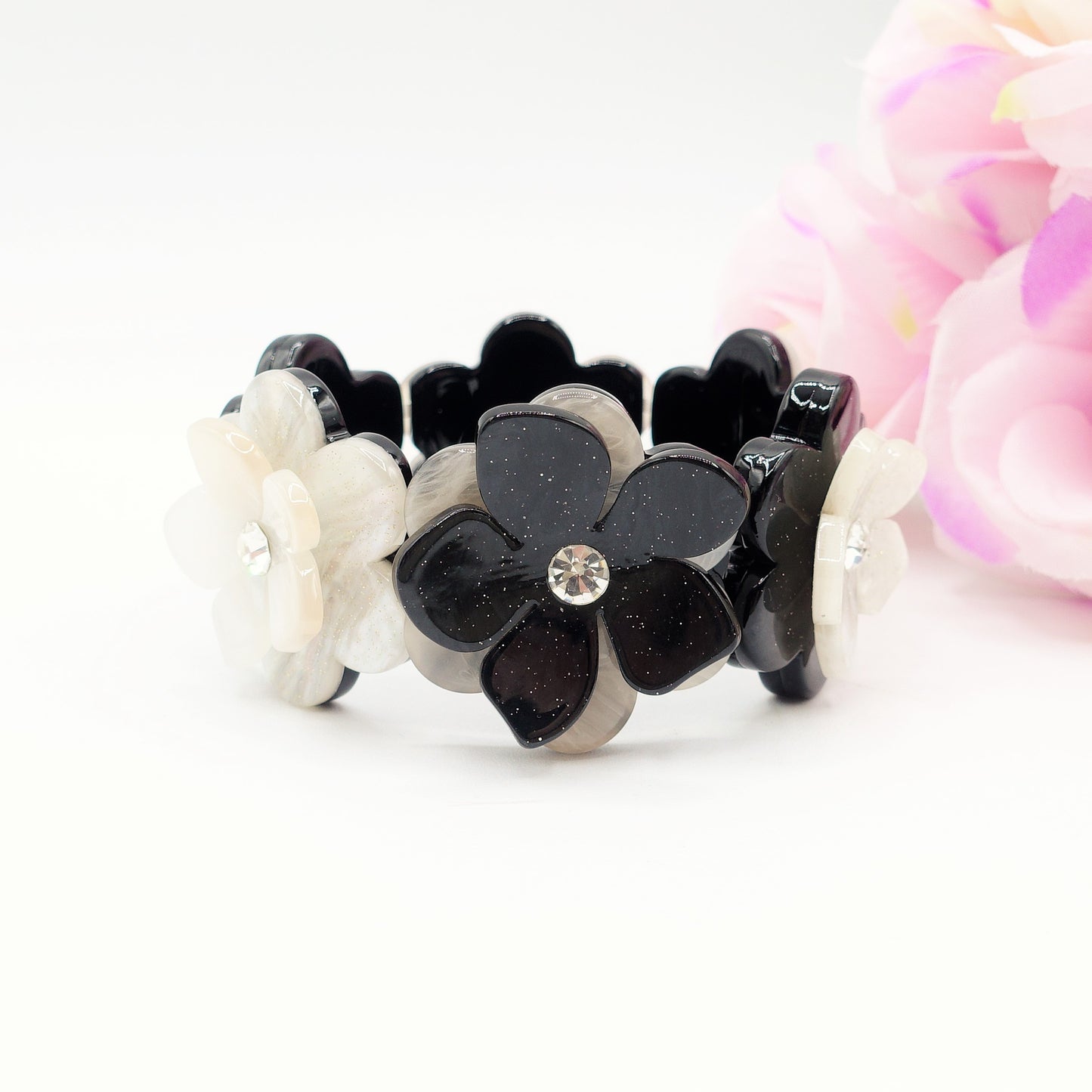 NIKKI ~ Maxi Bracciale in resina con flowers e cubic zirconia