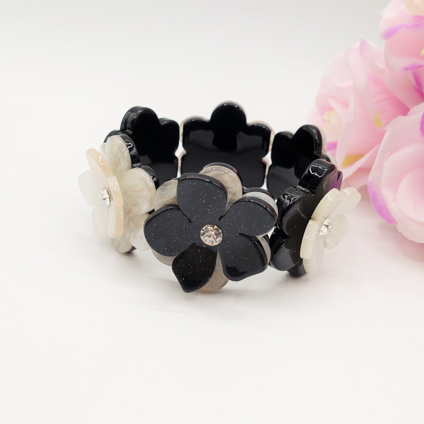 NIKKI ~ Maxi Bracciale in resina con flowers e cubic zirconia
