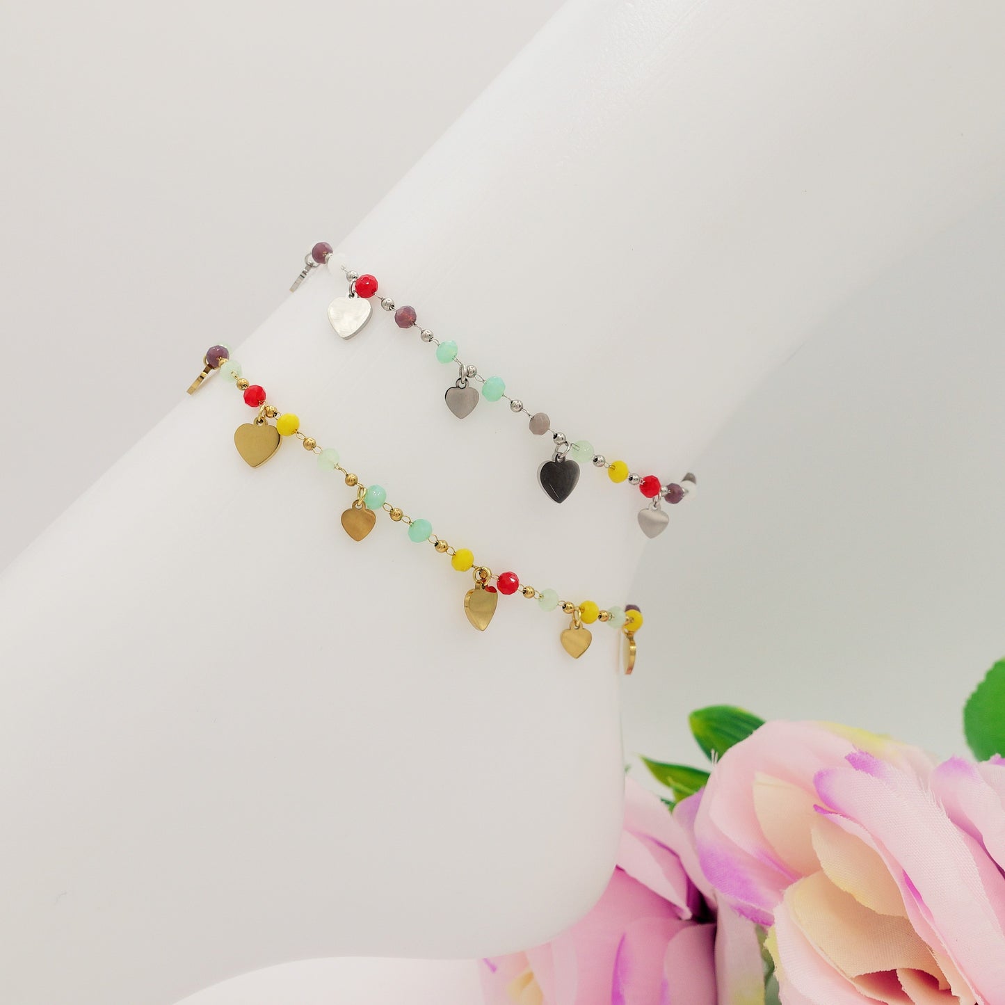 RAINBOW HEARTS ~ ACCIAIO INOSSIDABILE ~ Cavigliera con ciondoli cuoricini e perline
