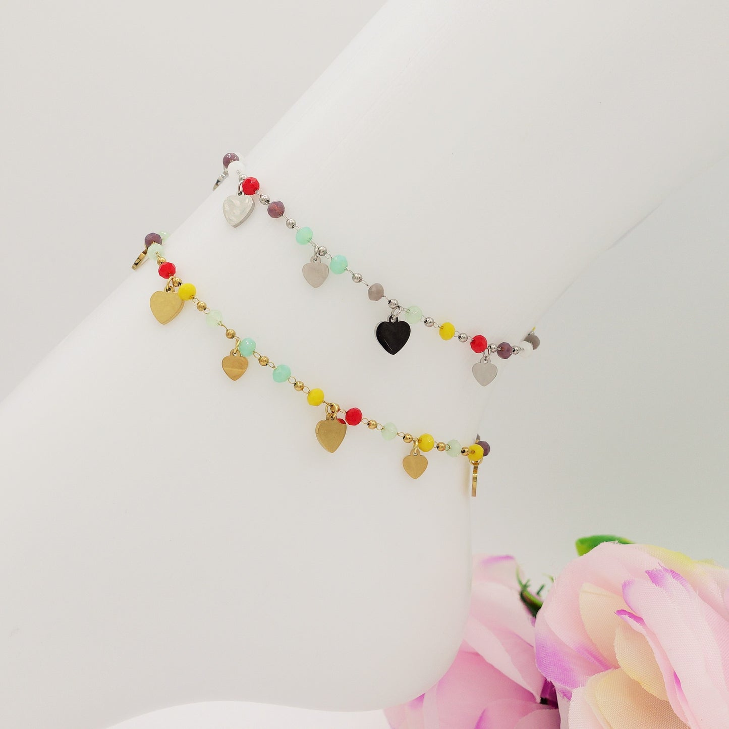 RAINBOW HEARTS ~ ACCIAIO INOSSIDABILE ~ Cavigliera con ciondoli cuoricini e perline
