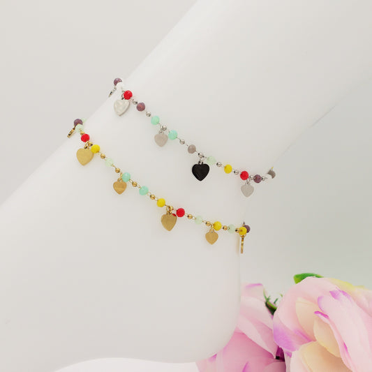 RAINBOW HEARTS ~ ACCIAIO INOSSIDABILE ~ Cavigliera con ciondoli cuoricini e perline