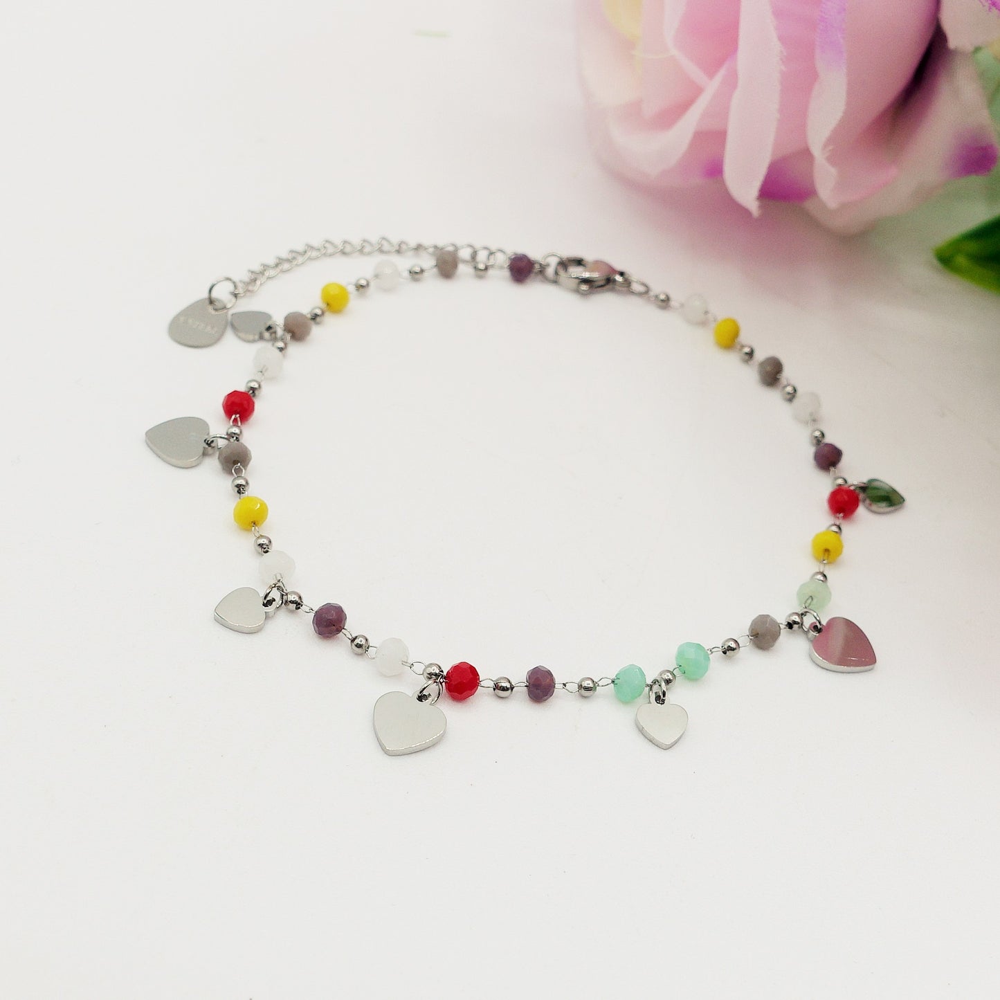 RAINBOW HEARTS ~ ACCIAIO INOSSIDABILE ~ Cavigliera con ciondoli cuoricini e perline