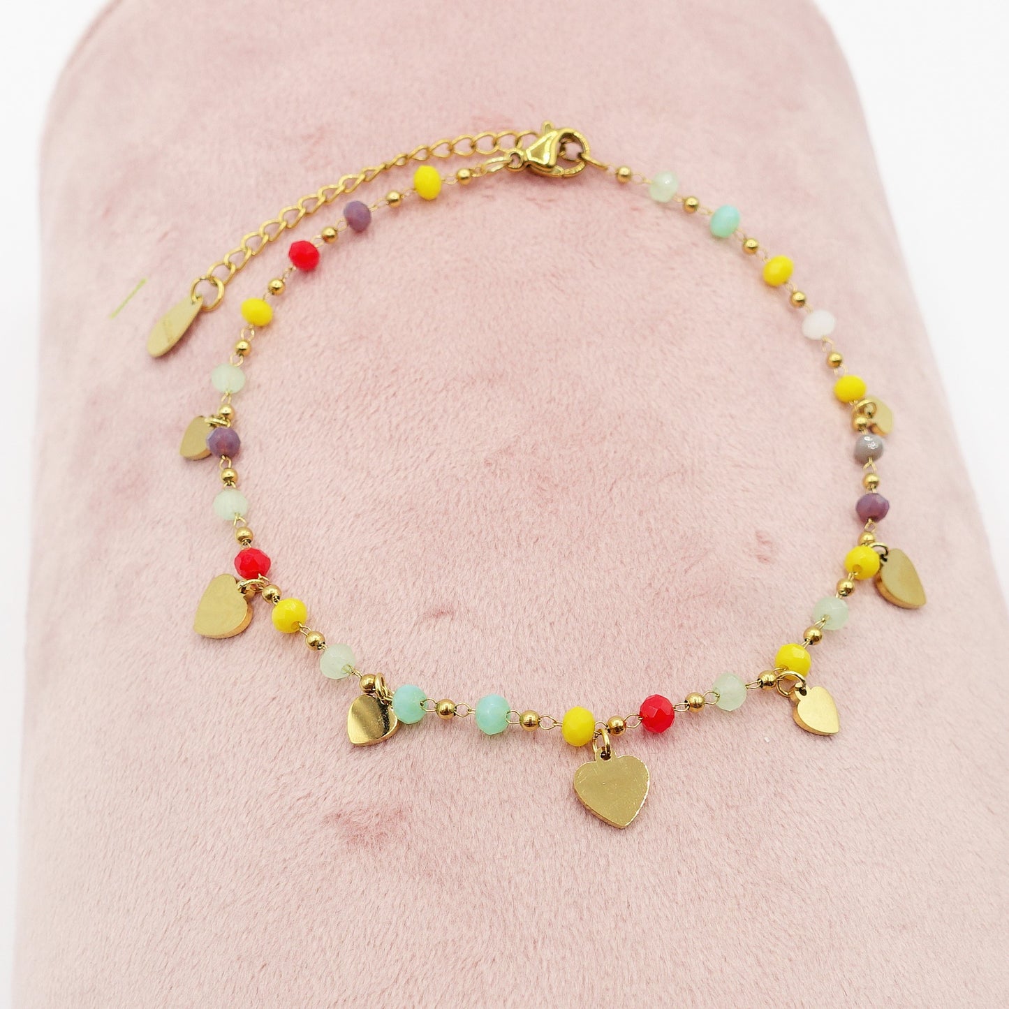 RAINBOW HEARTS ~ ACCIAIO INOSSIDABILE ~ Cavigliera con ciondoli cuoricini e perline
