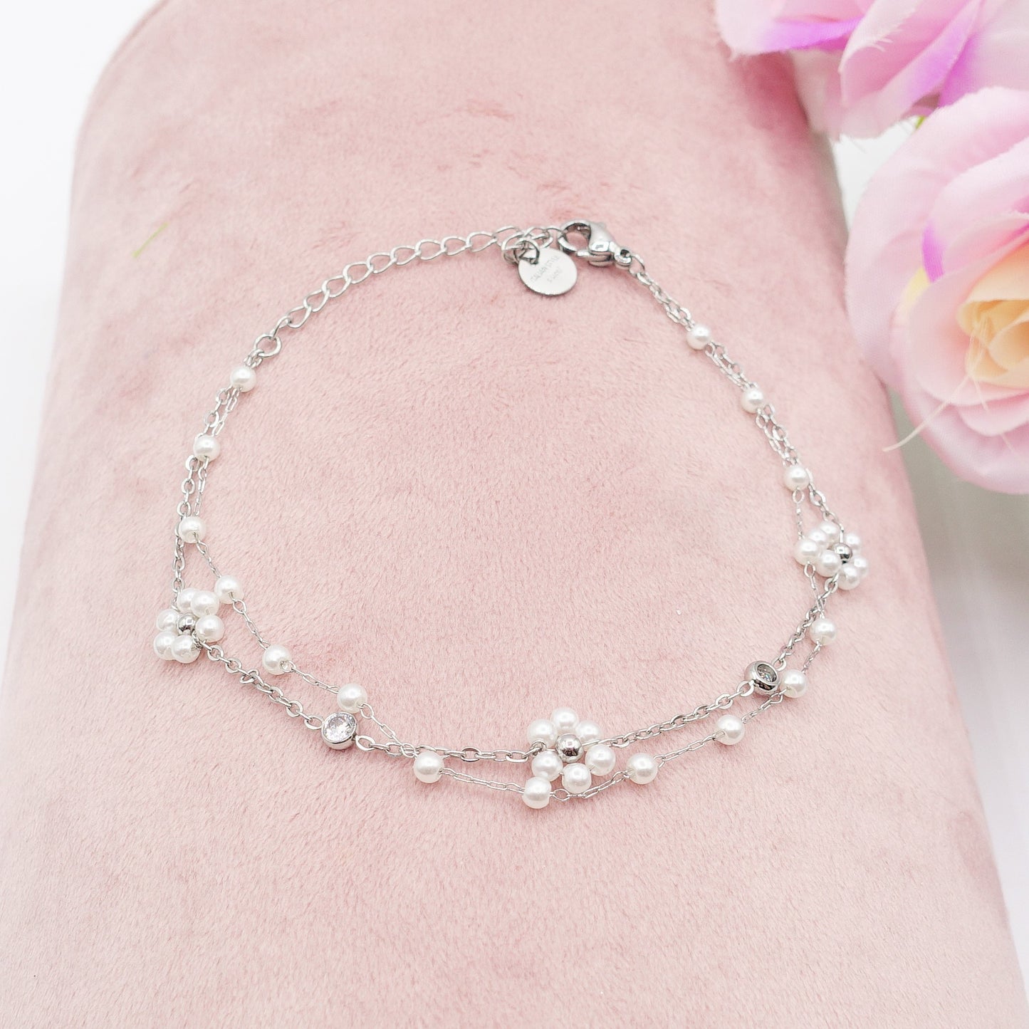 DAISY PEARLS ~ ACCIAIO INOSSIDABILE ~ Cavigliera con fiori, zirconi e perline