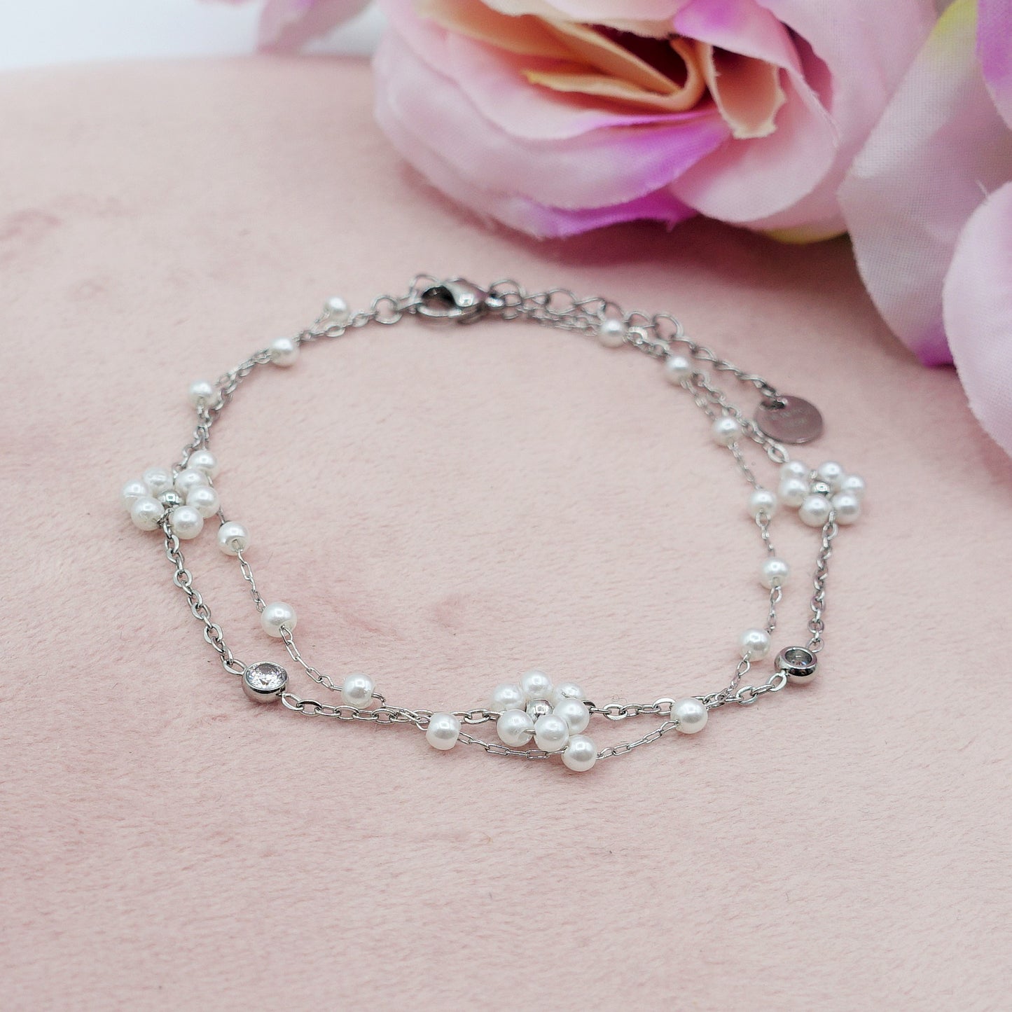DAISY PEARLS ~ ACCIAIO INOSSIDABILE ~ Cavigliera con fiori, zirconi e perline