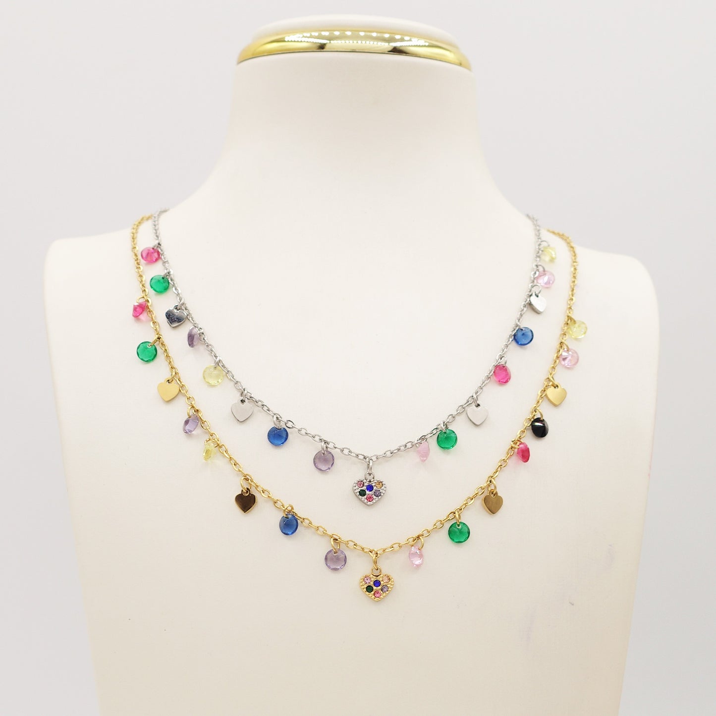 MEGAN ~ ACCIAIO INOSSIDABILE ~ Collana con ciondoli cristalli e cuoricino cubic zirconia