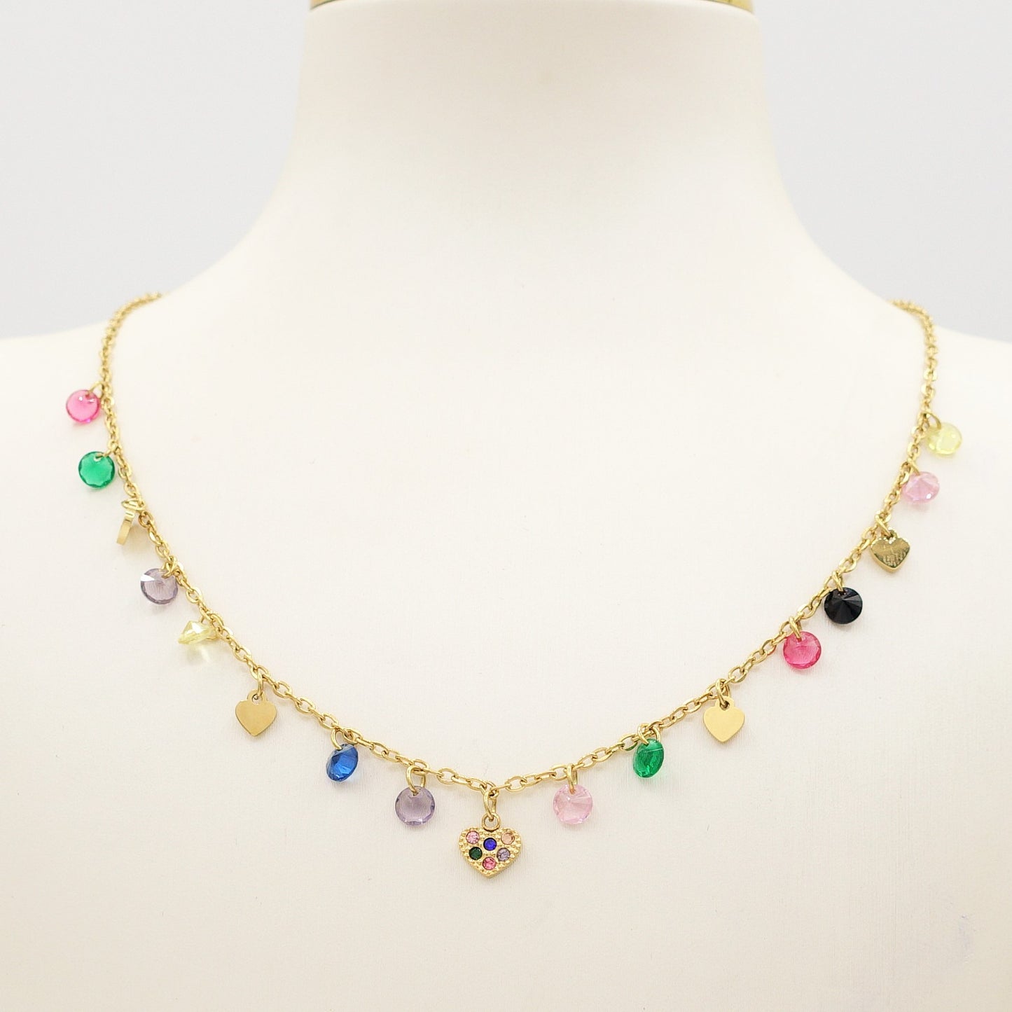MEGAN ~ ACCIAIO INOSSIDABILE ~ Collana con ciondoli cristalli e cuoricino cubic zirconia