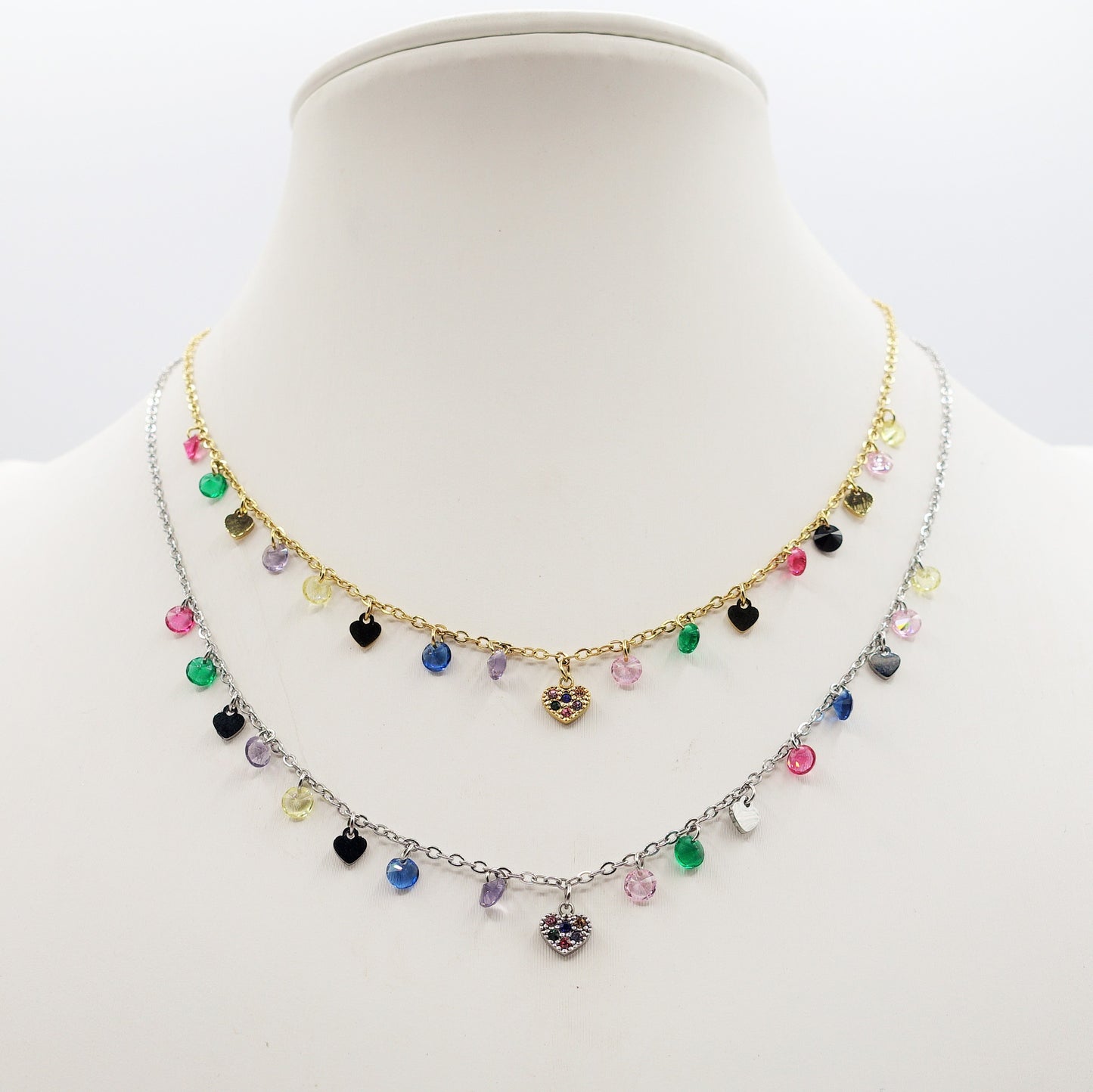 MEGAN ~ ACCIAIO INOSSIDABILE ~ Collana con ciondoli cristalli e cuoricino cubic zirconia