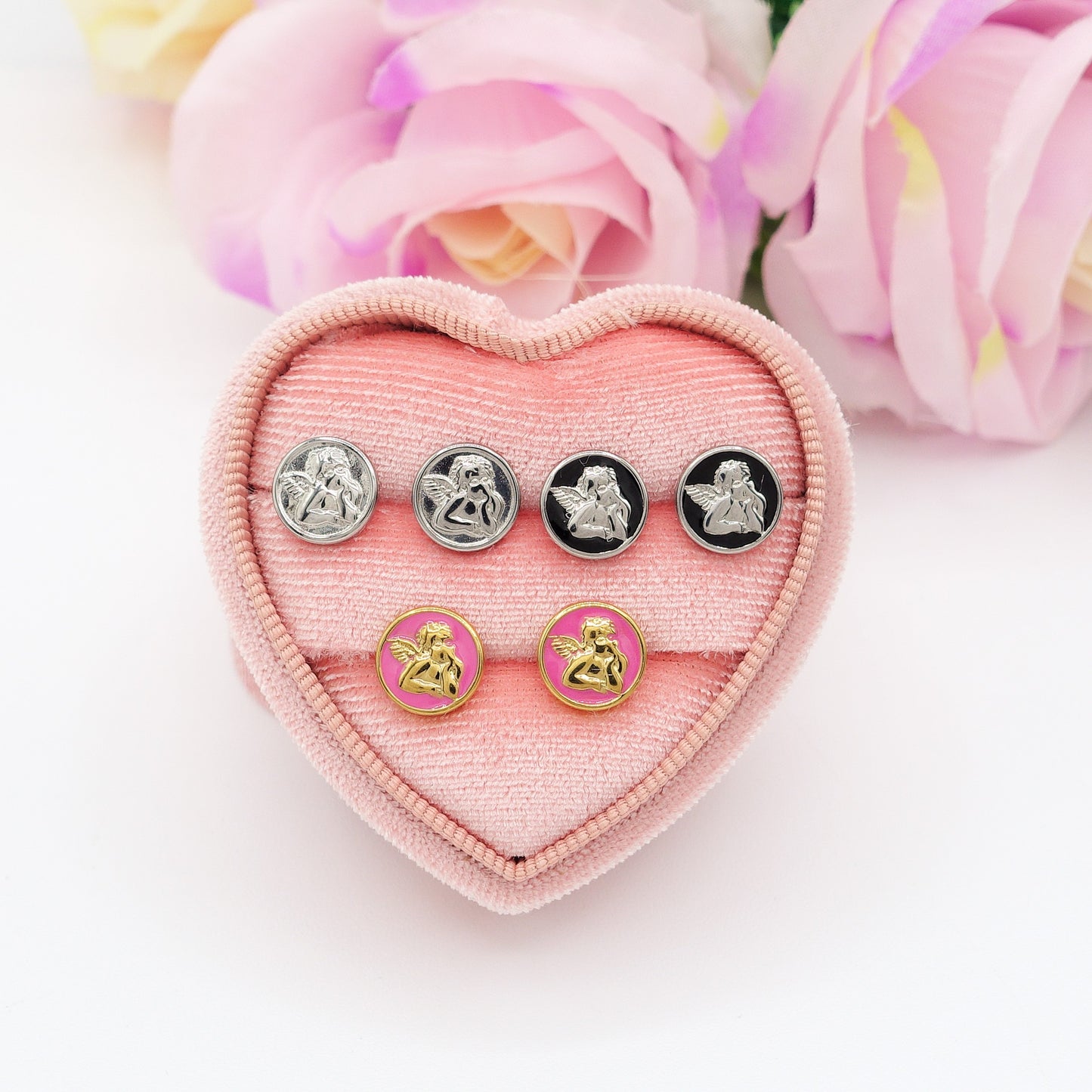 CHERUB STUDS - ACCIAIO INOSSIDABILE ~ Paio Orecchini a lobo con angioletto
