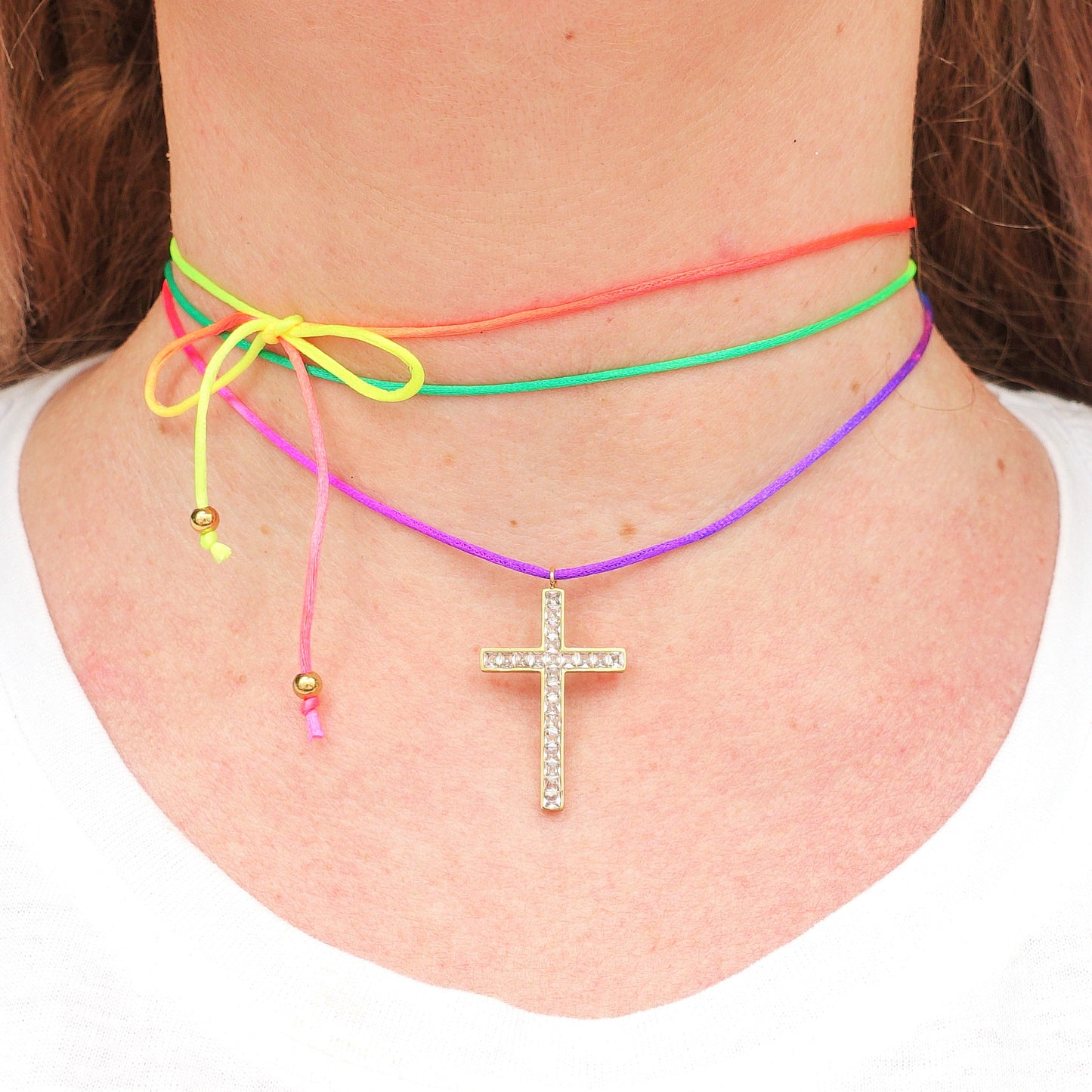 FANNY FLUO - ACCIAIO INOSSIDABILE - Collana cordino seta con croce zirconata