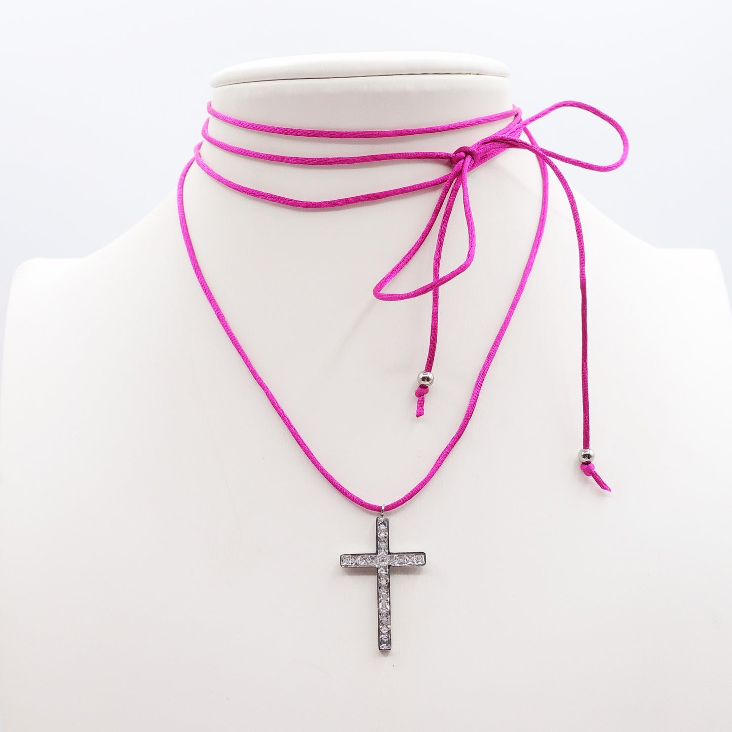 FANNY FLUO - ACCIAIO INOSSIDABILE - Collana cordino seta con croce zirconata
