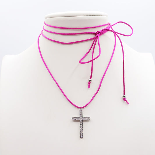 FANNY FLUO - ACCIAIO INOSSIDABILE - Collana cordino seta con croce zirconata