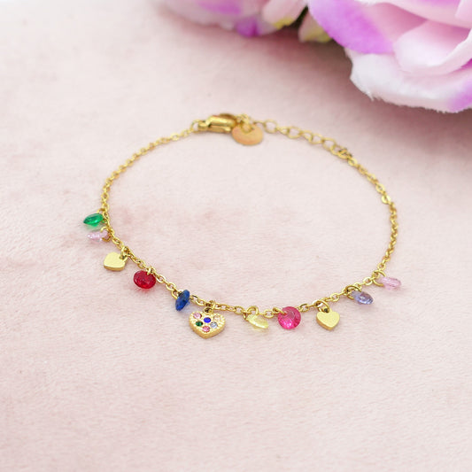 MEGAN ~ ACCIAIO INOSSIDABILE ~ Bracciale con ciondoli cristalli e cuoricino cubic zirconia