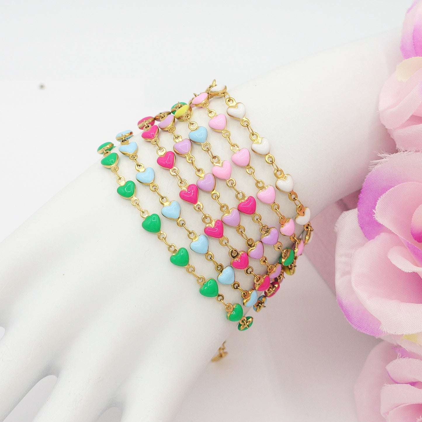 TAHITI~ Bracciale ACCIAIO INOSSIDABILE con cuori smaltati