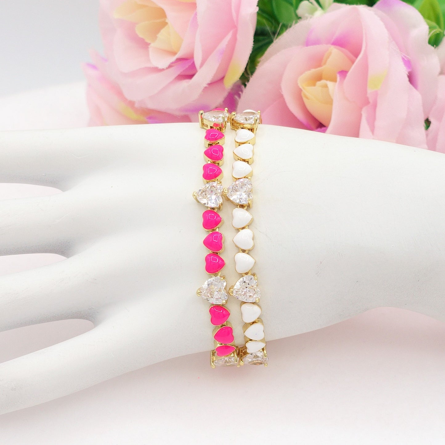 CLAIRE COLOURS - Bracciale Tennis - Bracciale con cuoricini bombè smaltati e Cubic Zirconia a forma di cuore