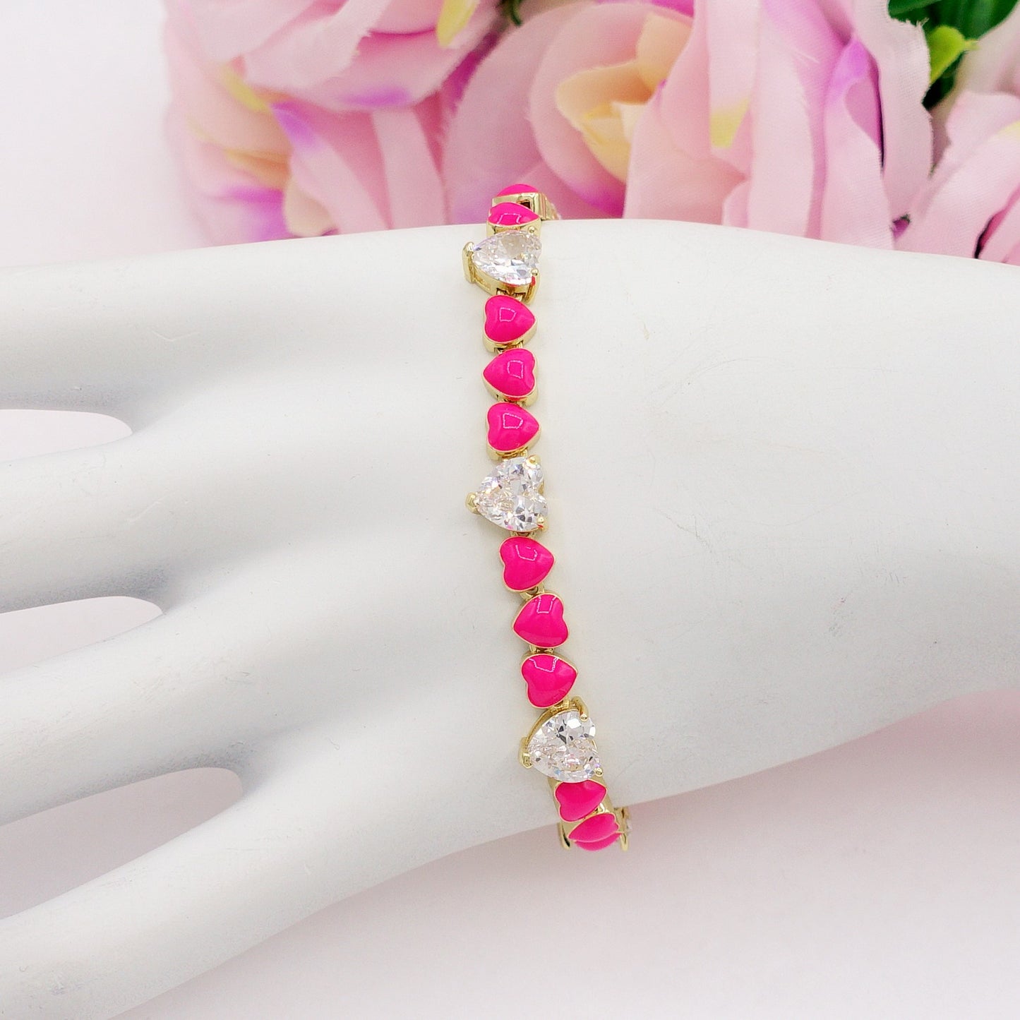 CLAIRE COLOURS - Bracciale Tennis - Bracciale con cuoricini bombè smaltati e Cubic Zirconia a forma di cuore