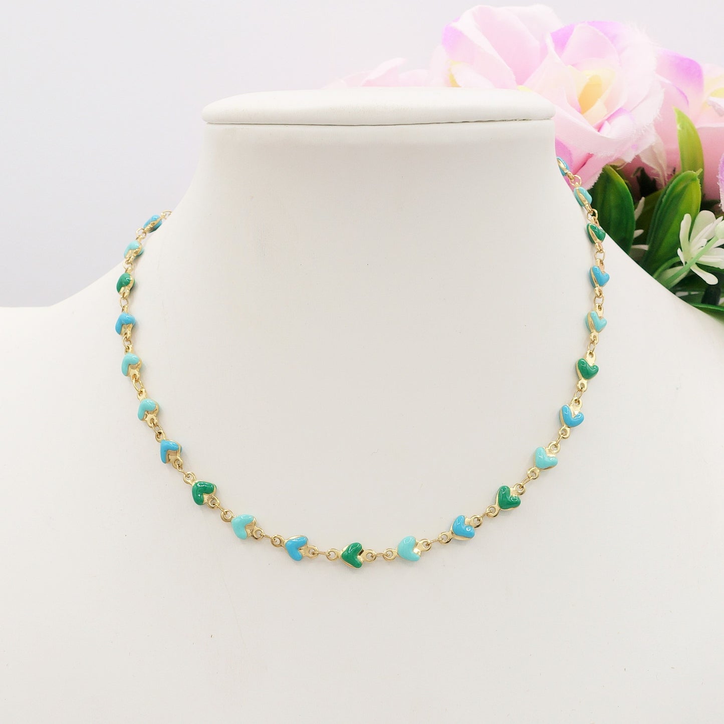 TAHITI~ Collana ACCIAIO INOSSIDABILE con cuori smaltati