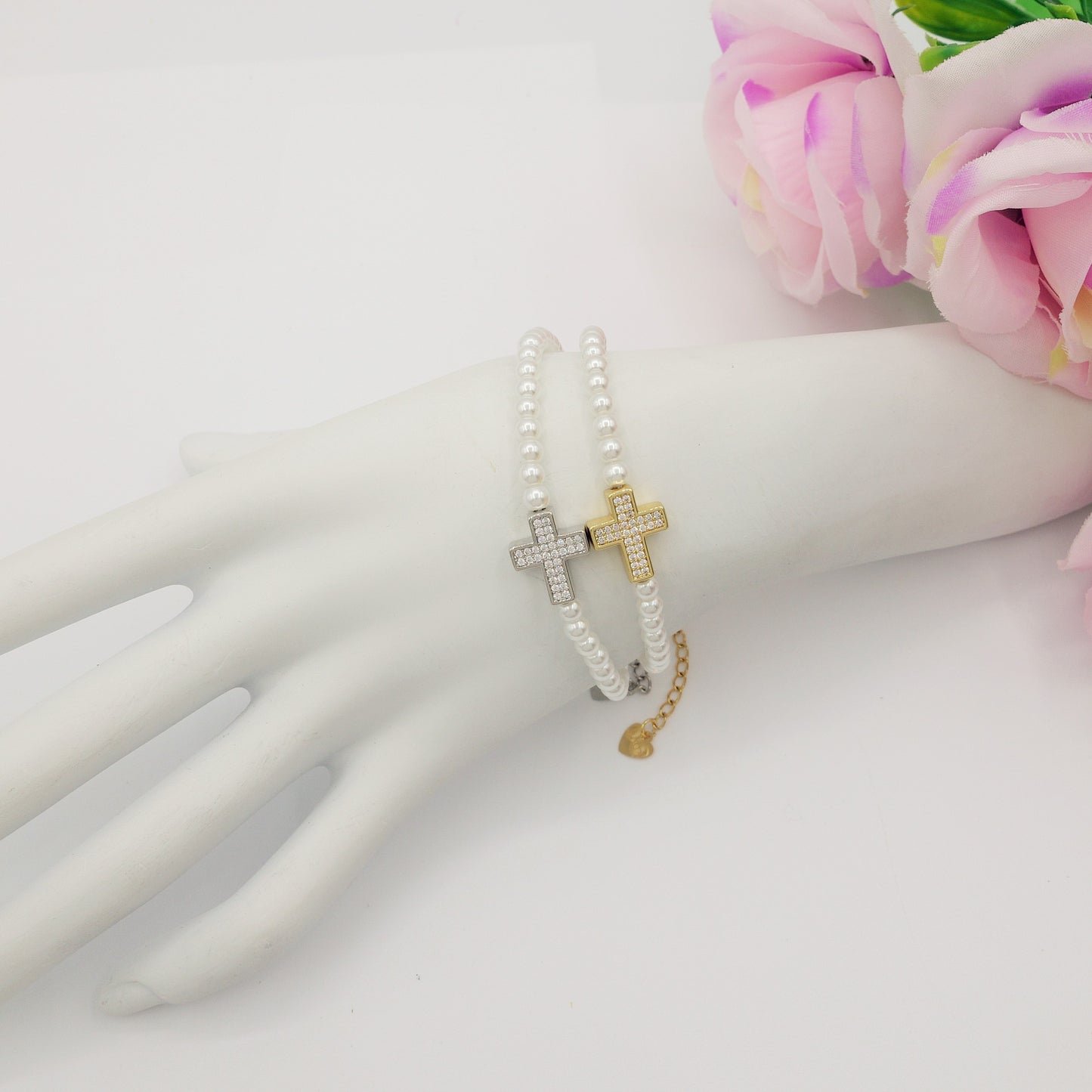 REBECCA CROSS - Bracciale perle con croce zirconata