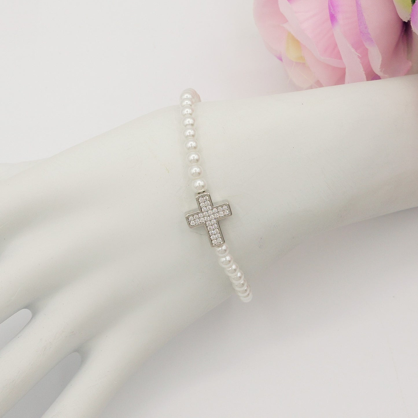 REBECCA CROSS - Bracciale perle con croce zirconata