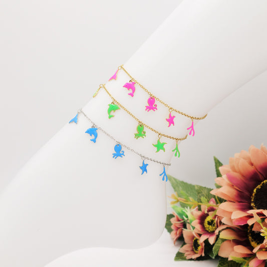 BORA BORA ~ ACCIAIO INOSSIDABILE ~ Cavigliera con ciondoli marini smaltati