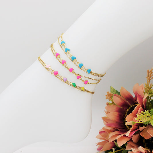 TAHITI ~ ACCIAIO INOSSIDABILE ~ Cavigliera con cuoricini smaltati