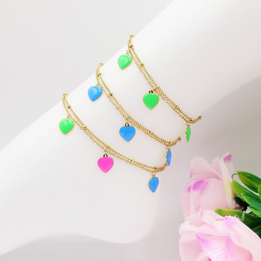 HAWAII ~ ACCIAIO INOSSIDABILE ~ Cavigliera con cuoricini smaltati