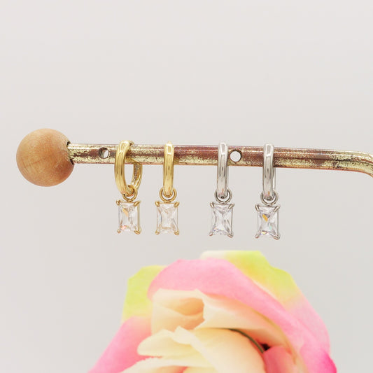 NATALIE - acciaio inossidabile - Paio Orecchini con pendente cubic zirconia taglio baguette