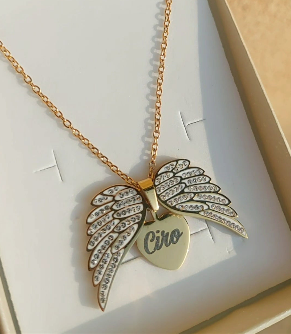 ANGEL HEART ~ ACCIAIO inossidabile - Collana ciondolo ali zirconate apribili con incisione PERSONALIZZATA