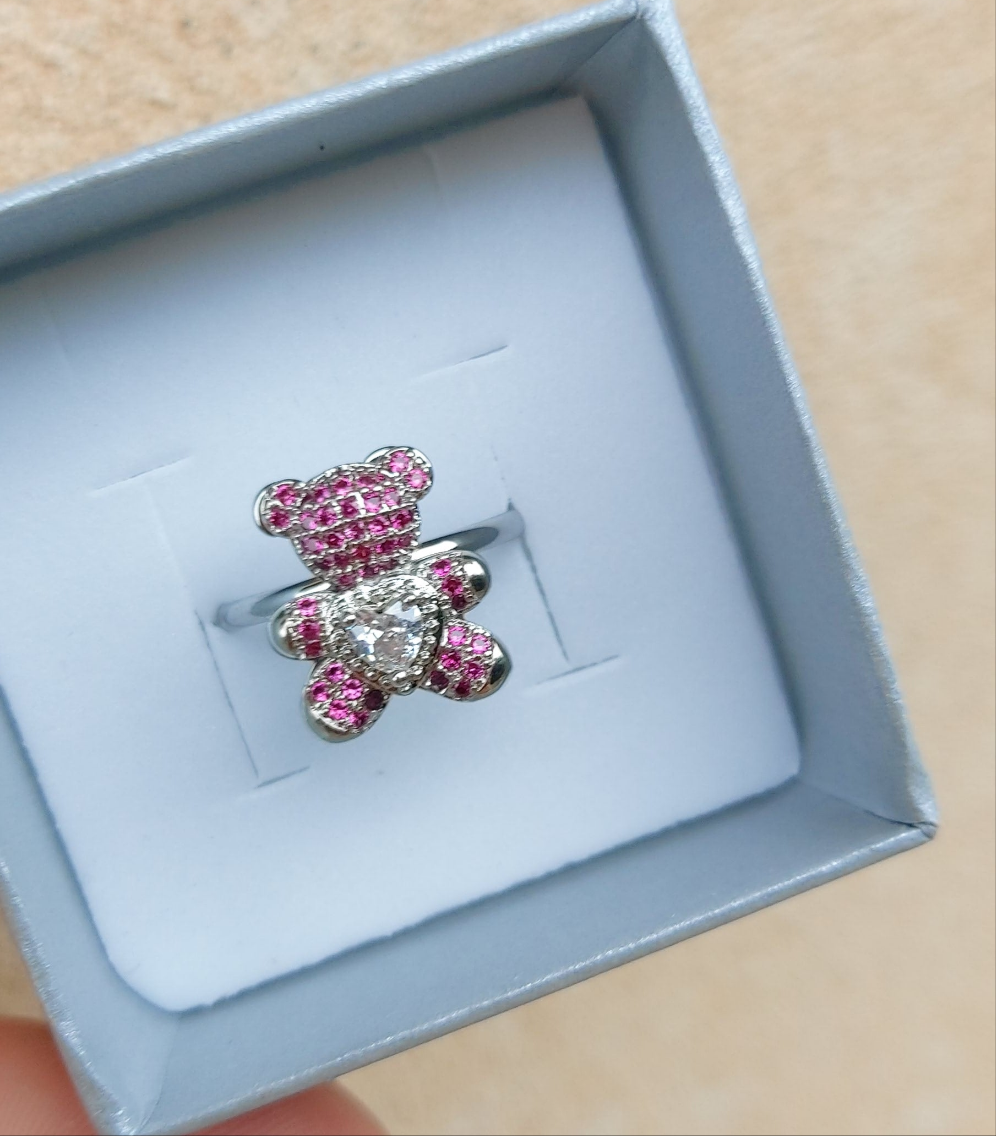 TEDDY CRYSTAL - Anello orsetto zirconato regolabile in ACCIAIO inossidabile con cubic zirconia
