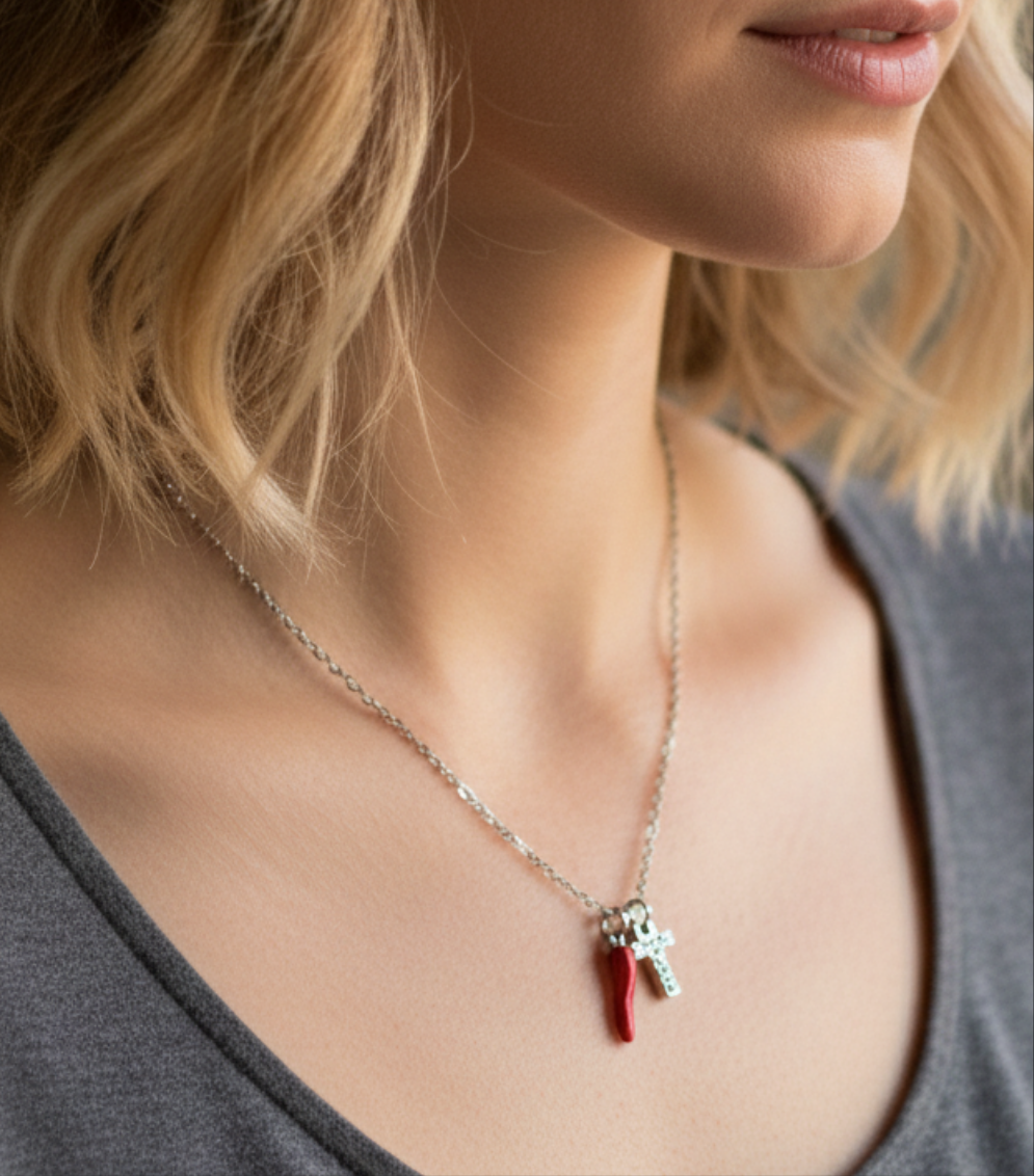 LUCKY INITIAL - Collana Corno + MINI INIZIALE Zirconata in Acciaio inossidabile