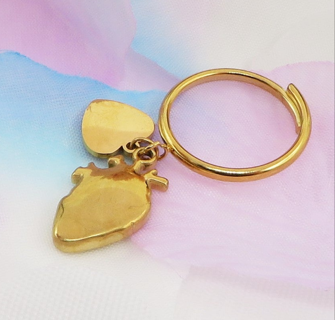 HUMAN HEART ~ Anello charms cuore anatomico rilievo in ACCIAIO INOSSIDABILE