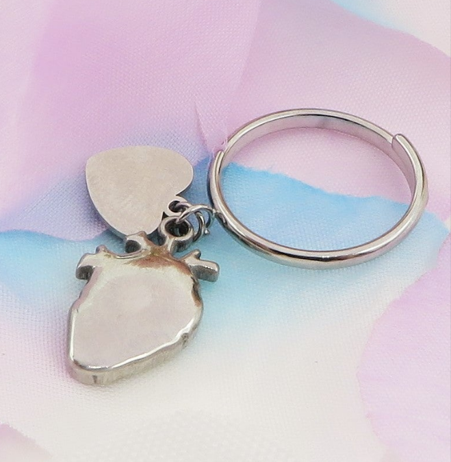 HUMAN HEART ~ Anello charms cuore anatomico rilievo in ACCIAIO INOSSIDABILE