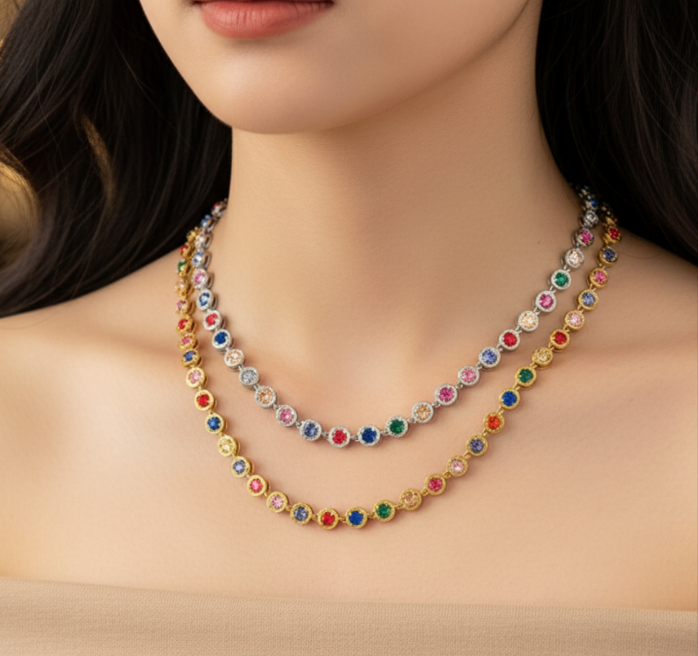DELILAH RAINBOW ~ ACCIAIO INOSSIDABILE -Collana tennis in cubic zirconia rotondi