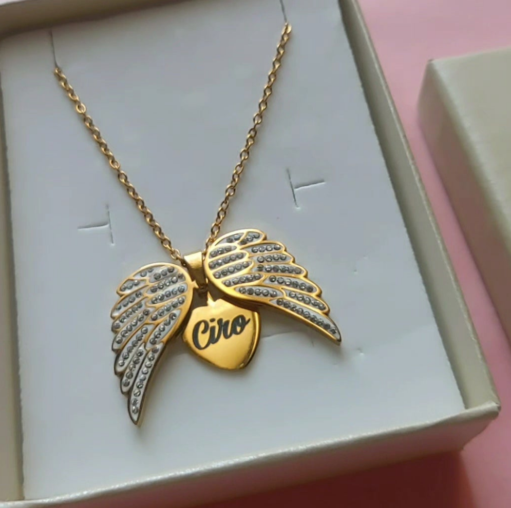ANGEL HEART ~ ACCIAIO inossidabile - Collana ciondolo ali zirconate apribili con incisione PERSONALIZZATA