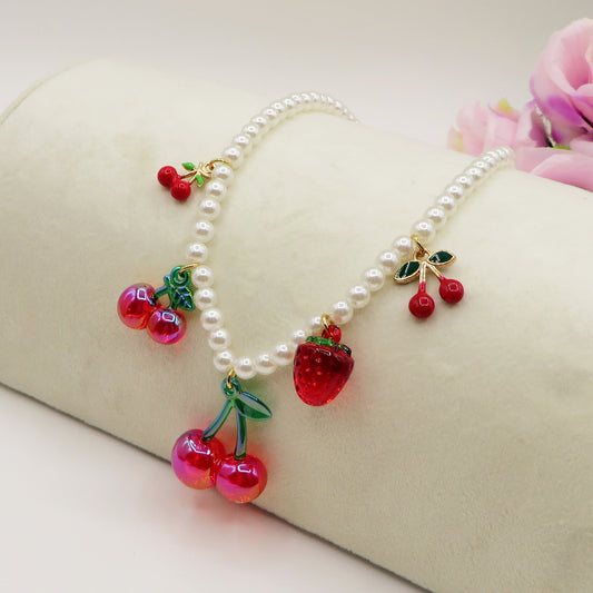 BIG CHERRIES - ACCIAIO inossidabile - Collana perle e charms ciliegie - mix zirconati
