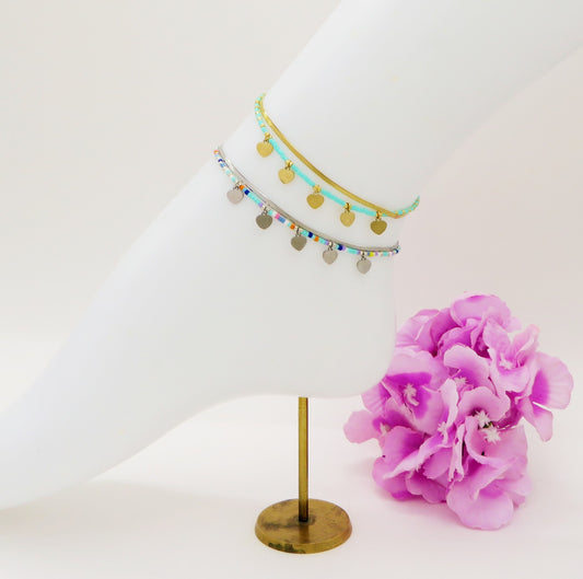 ZANTE hearts ~ Cavigliera doppia in ACCIAIO INOSSIDABILE con perline e ciondoli