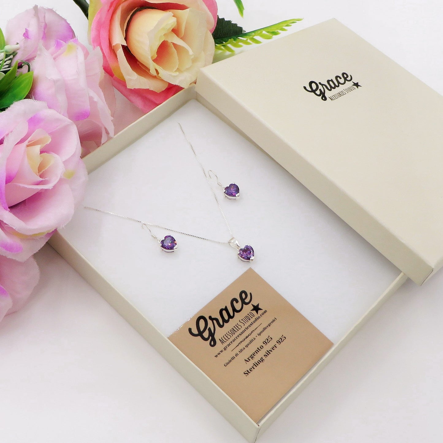 CONNIE purple set ~ ARGENTO 925 ~ Collana + orecchini in cubic zirconia