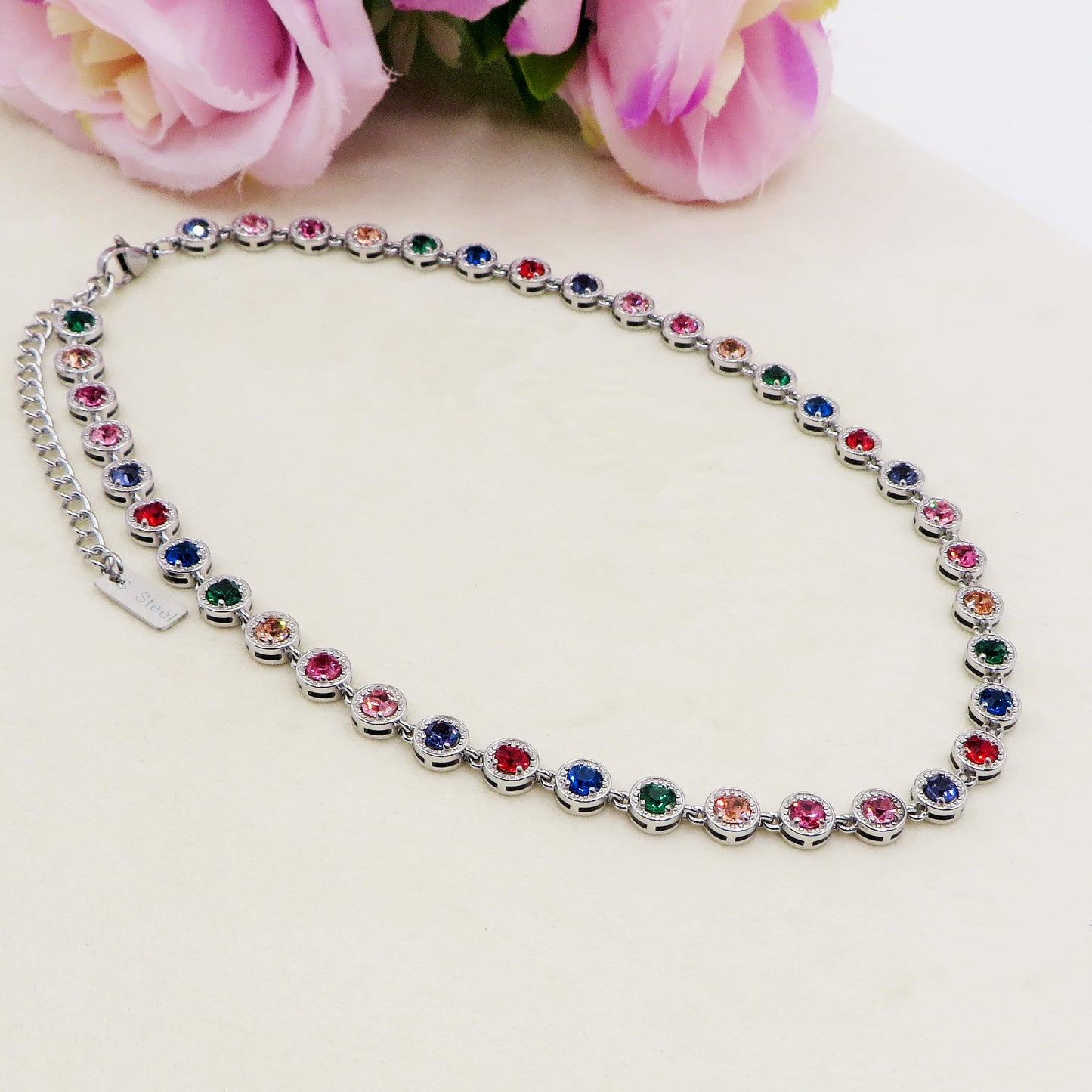 DELILAH RAINBOW ~ ACCIAIO INOSSIDABILE -Collana tennis in cubic zirconia rotondi