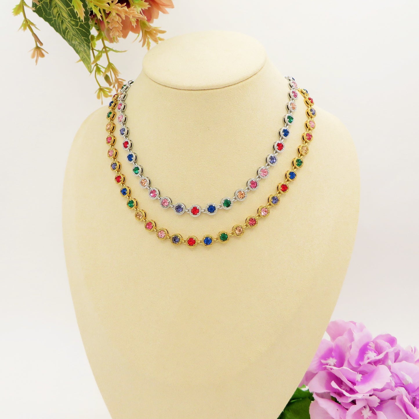 DELILAH RAINBOW ~ ACCIAIO INOSSIDABILE -Collana tennis in cubic zirconia rotondi