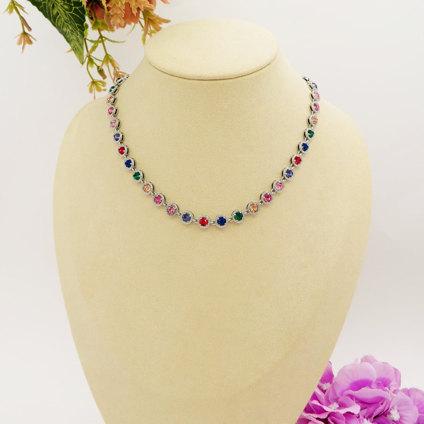 DELILAH RAINBOW ~ ACCIAIO INOSSIDABILE -Collana tennis in cubic zirconia rotondi