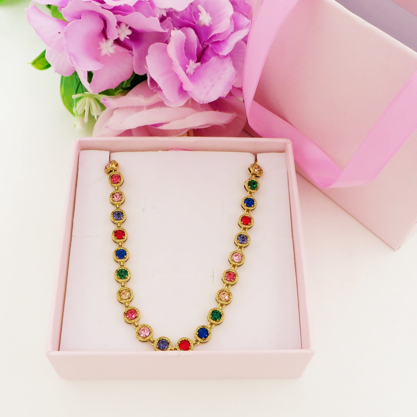 DELILAH RAINBOW ~ ACCIAIO INOSSIDABILE -Collana tennis in cubic zirconia rotondi