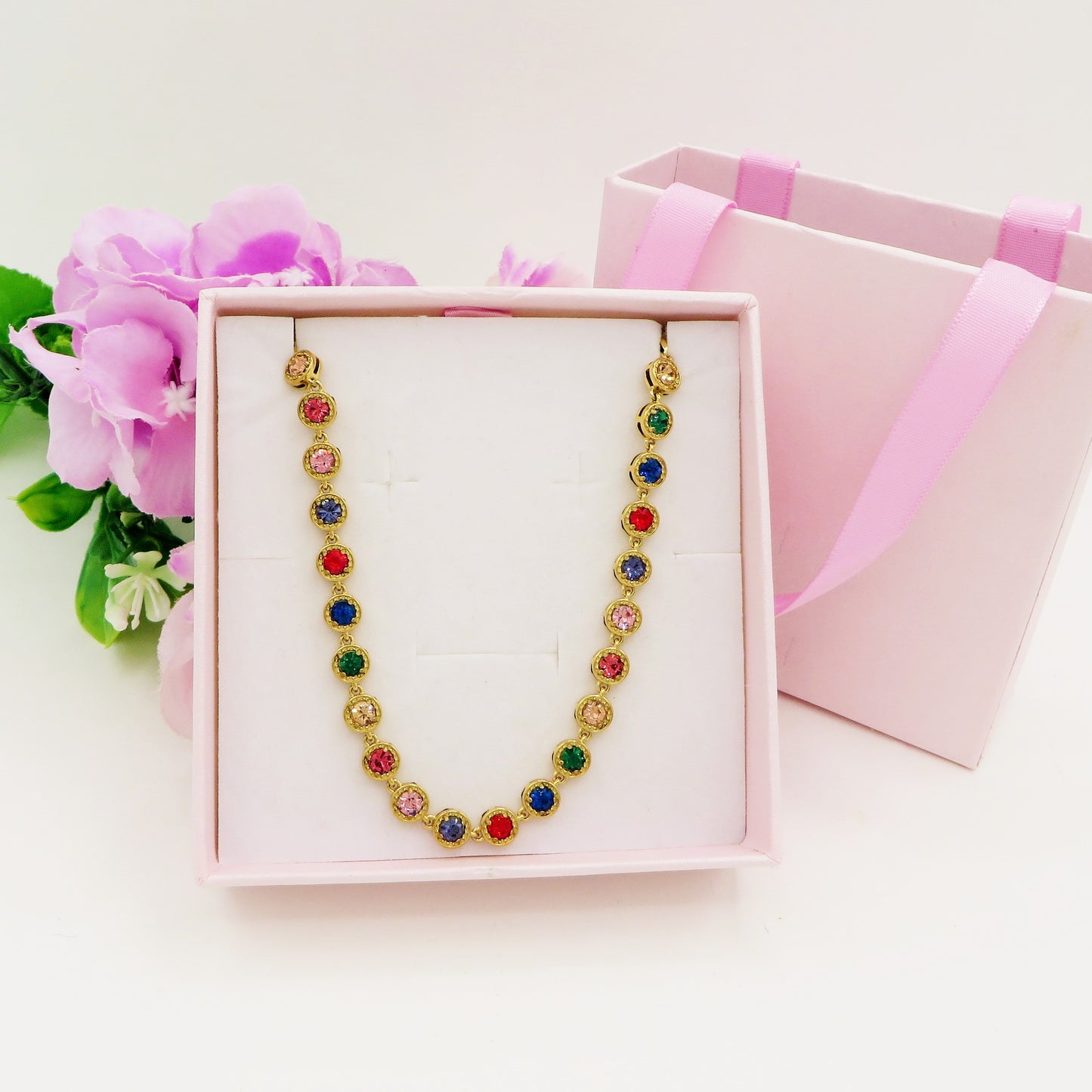 DELILAH RAINBOW ~ ACCIAIO INOSSIDABILE -Collana tennis in cubic zirconia rotondi