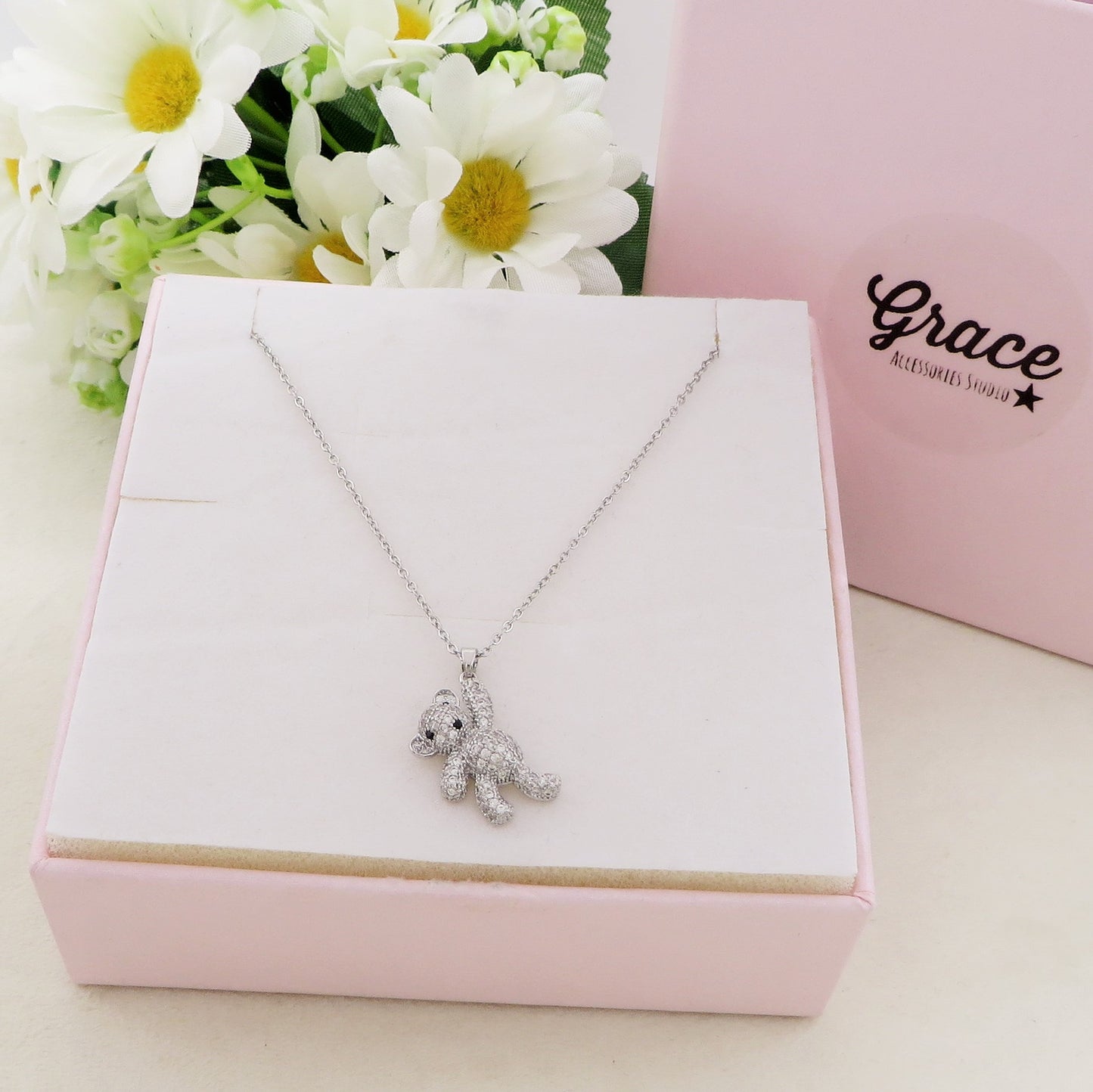 THEA CRYSTAL - ACCIAIO INOSSIDABILE- collana con pendente orsetto in cubic zirconia