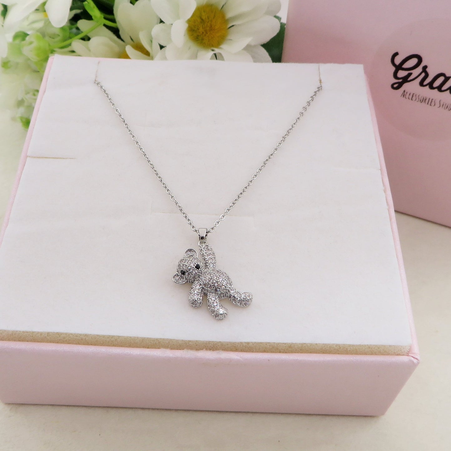 THEA CRYSTAL - ACCIAIO INOSSIDABILE- collana con pendente orsetto in cubic zirconia
