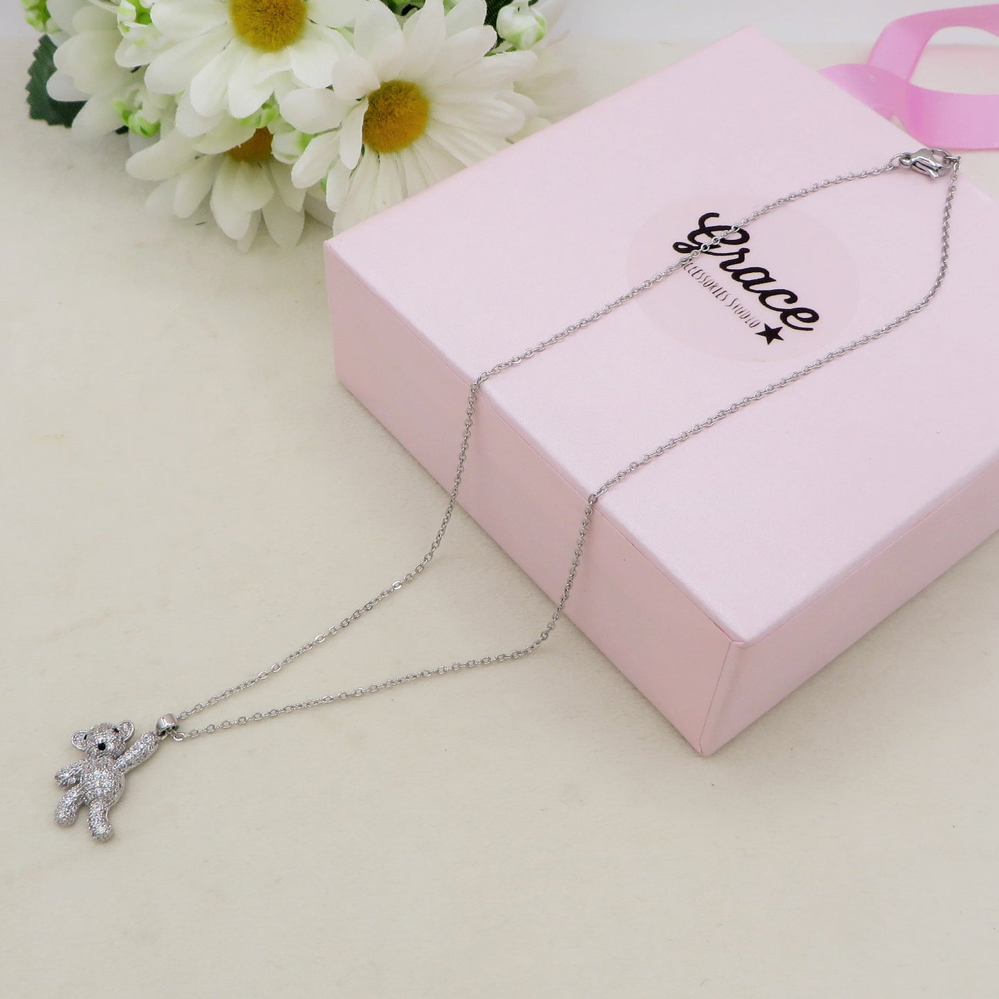 THEA CRYSTAL - ACCIAIO INOSSIDABILE- collana con pendente orsetto in cubic zirconia