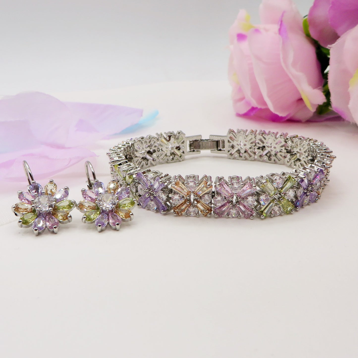 PEONY - bracciale tennis floreale con cubic zirconia RAINBOW