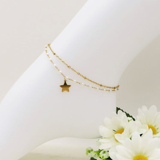 MARISSA double ~ Cavigliera doppia mini perle in ACCIAIO INOSSIDABILE