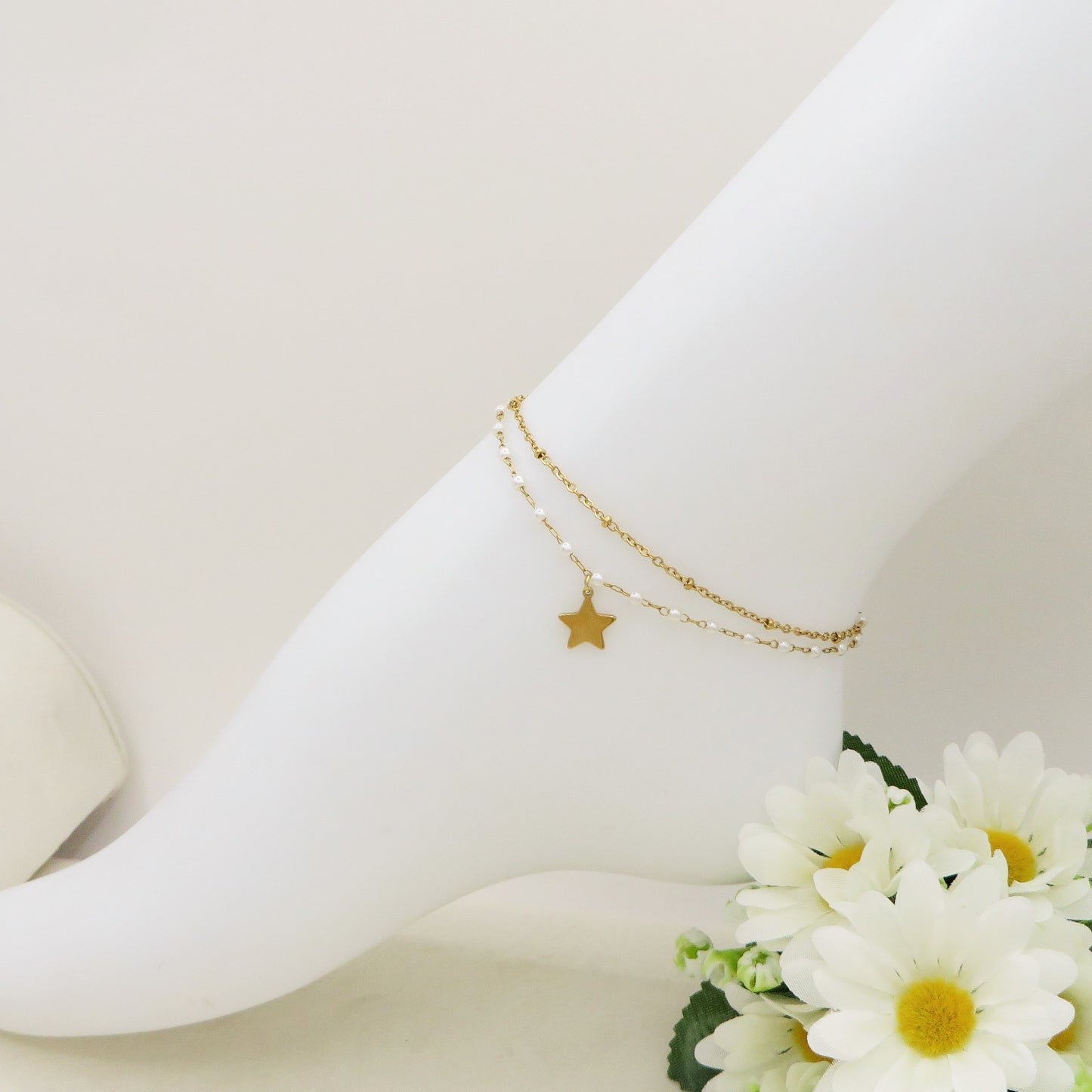 MARISSA double ~ Cavigliera doppia mini perle in ACCIAIO INOSSIDABILE